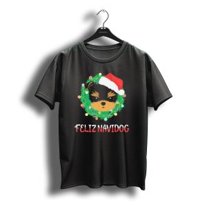 Yorkshire Terrier Feliz Navidog Santa Hat Wreath Christmas Lights T-Shirt