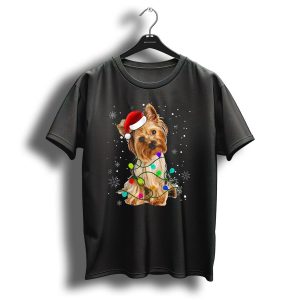 Yorkshire Terrier With Christmas Lights And Santa Hat Snowflakes T Shirt