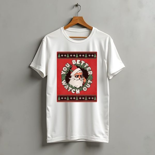 You Better Watch Out Santa Cool Christmas Wreath T Shirt t shirt 1