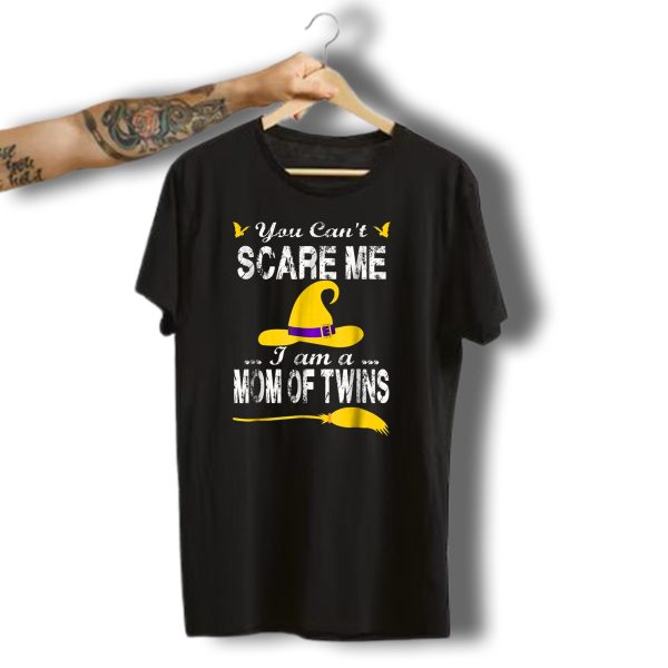 You Cant Scare Me Im A Mom Of Twins Halloween Witch Hat Bats Broomstick T Shirt 1 t shirt 1