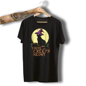 Youre Creepin Meowt Halloween Witch Cat With Pumpkins And Moon T-Shirt