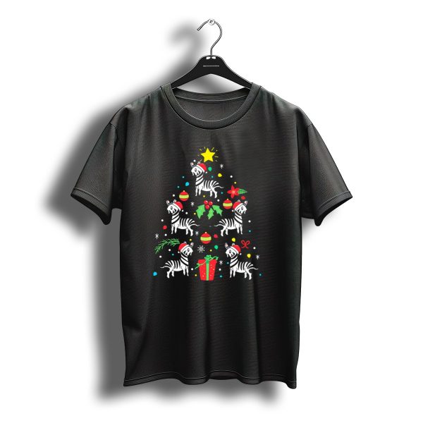 Zebra Christmas Ornament Tree With Santa Hats And Holiday Decorations T Shirt t shirt 1