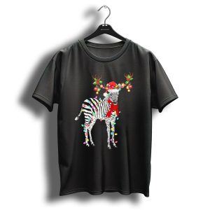 Zebra Wrapped In Christmas Lights With Santa Hat And Reindeer Antlers T Shirt