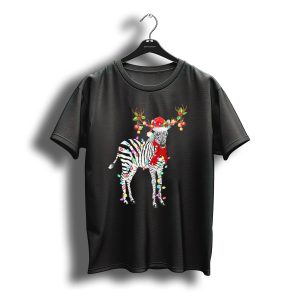 Zebra Wrapped In Christmas Lights With Santa Hat And Reindeer Antlers T-Shirt