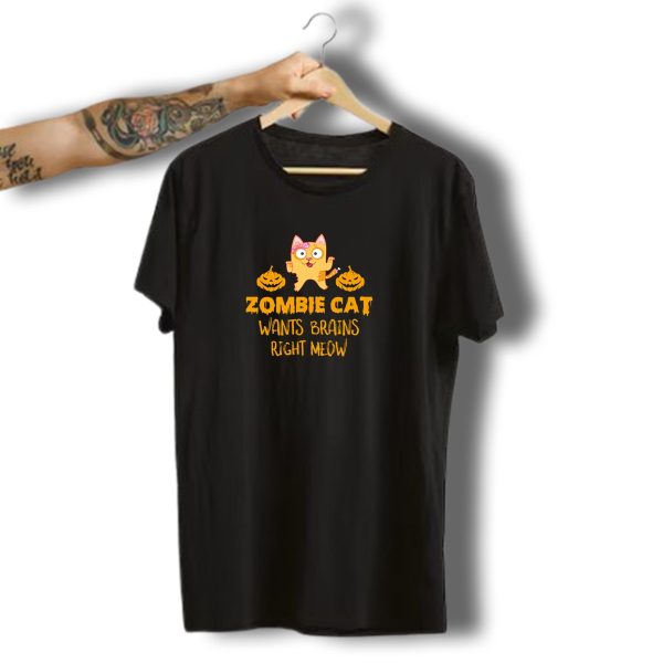 Zombie Cat Wants Brains Right Meow Halloween Pumpkins T Shirt t shirt 1