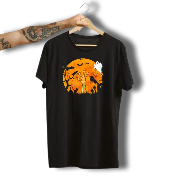 Zombie Frog Hand Rising In Spooky Halloween Graveyard With Moon Ghost Bats And Ravens T Shirt t shirt 1