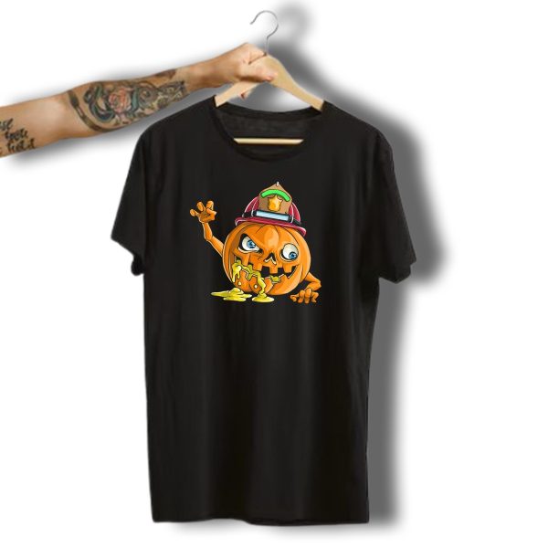 Zombie Pumpkin Firefighter Halloween Jack O Lantern With Firemans Helmet T Shirt t shirt 1