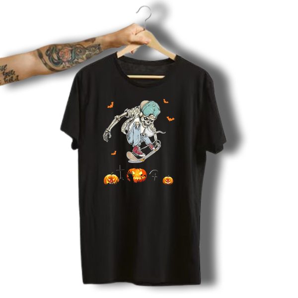 Zombie Skateboarding Teen Halloween Pumpkins And Bats T Shirt t shirt 1