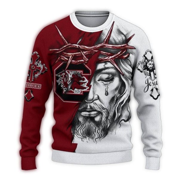 personalized south carolina gamecocks jesus tears garnet white sweater best selling